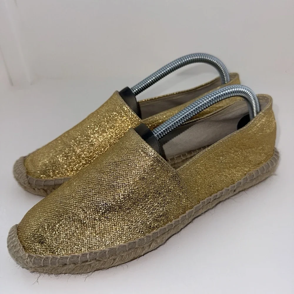 J.Crew BT389 Gold Metallic Canvas Espadrille Flats Made In Spain Women's 9.5